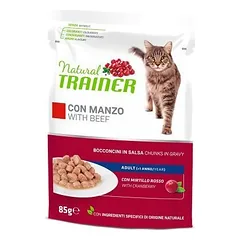 Natural Trainer Cat Beef visavertis maistas suaugusioms katėms, gabaliukai želė su jautiena, vištiena ir spanguolių ekstraktu, 85 g