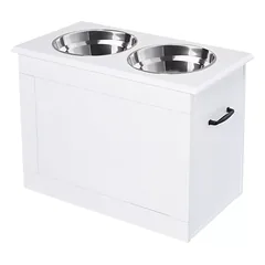 Paaukštinta šėrimo stotelė šunims ir katėms, su daiktadėže, 2 x 2000 ml nerūdijančio plieno dubenėliai, balta