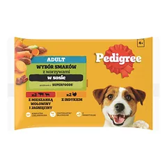 PEDIGREE Pasirinkti skoniai padaže 4x100g jautienos ir ėrienos, kalakutienos ir morkų