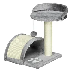 Kačių draskyklė su nameliu, kamuoliuku ir paaukštinta platforma, 46 cm, katėms iki 4 kg, pilka