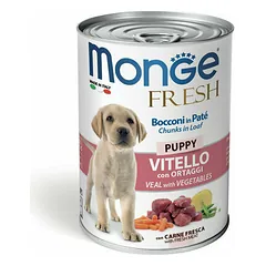 Monge Fresh Puppy gabaliukai paštete su veršiena ir daržovėmis, drėgnas maistas šuniukams 400 g