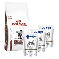 ROYAL CANIN Gastro Intestinal Moderate Calorie GIM 35 4kg + ENZO VET Žarnynas su ėriena padaže katėms 3x100g