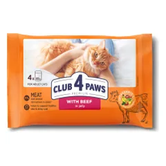 CLUB 4 PAWS Premium Visavertis konservuotas ėdalas suaugusioms katėms su jautiena drebučiuose, 4 x 85 g