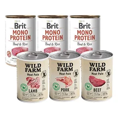 BRIT MONO PROTEIN BEEF & BROWN RICE 3x400g + Wild Farm Pate Lamb 3x400g skonių rinkinys