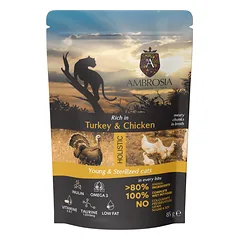 AMBROSIA Cat Kitten & Adult Sterilized Turkey & Chicken 85g konservai katėms su kalakutiena ir vištiena nuotrauka