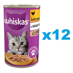 WHISKAS Adult konservų dėžutė 12x400 g - drėgnas visavertis ėdalas suaugusioms katėms, gabalėliai su vištiena drebučiuose