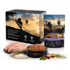AMBROSIA Cat Adult & Sterilized Cod & Chicken 85g*12vnt. konservai katėms su menke ir vištiena