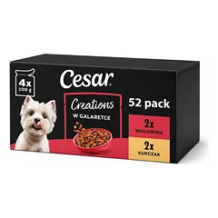 CESAR Creations Vištiena su žirneliais ir jautiena su morkomis želatinoje – 52 x 100 g drėgnas maistas suaugusiems šunims