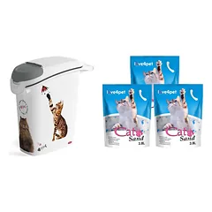 CURVER PetLife Konteineris kraikui ar ėdalui laikyti 10 kg/27 l 23,2x49,7x50,3 + Silikoninis kačių kraikas Smėlis 3x3,8 l