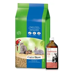 JRS Cats Best Universal 40l / 22kg + Lab-V 100% lašišų aliejus įvairaus amžiaus šunims ir katėms 500ml šalto spaudimo