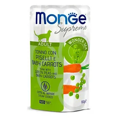 Monge Supreme Adult tuno gabaliukai su žirneliais ir mini morkomis, drėgnas maistas katėms 80 g