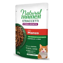 NATURAL TRAINER Straccetti CAT Sterilized konservas su jautiena 85g 12vnt (24)