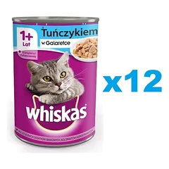 WHISKAS Adult skardinė 12x400 g – visavertis drėgnas ėdalas suaugusiems katėms, gabalėliai su tunu drebučiuose