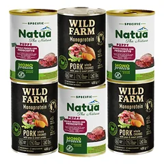 Natua (šuo) – 3x400 g skardinė – Specialus monoproteininis kumpis šuniukams – Kumpis šuniukams + Wild Farm Monoprotein Pork 3x400g hipoalerginis maistas šunims