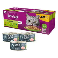 WHISKAS Adult paketėliai 40 x 85 g Fishy Treats - drėgnas maistas suaugusioms katėms drebučiuose (su lašiša, tunu, vištiena, jautiena) + WILD FARM Mousse Chicken 3x85g