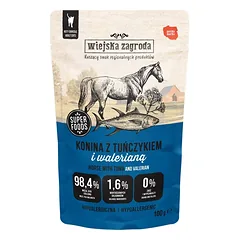 WIEJSKA ZAGRODA Superfoods Arklių mėsa su tunu ir valerijonu drėgnas maistas katėms 6x100 g