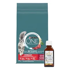 Purina One Sterilcat Rich in Beef and Wheat 9,75kg + Lab-V 100% lašišų aliejus įvairaus amžiaus šunims ir katėms 100ml šalto spaudimo