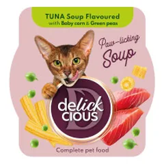 Delickcious Soup sriuba su tunu, kukurūzais ir žaliosiomis pupelėmis katėms