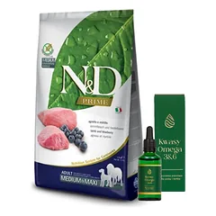 FARMINA N&D Prime canine LAMB & BLUEBERRY ADULT MEDIUM&MAXI DRY FOOD 12kg + LAB-V Omega 3 ir 6 riebalų rūgštys bendrai šunų ir kačių sveikatos, kailio ir odos būklei gerinti 100ml