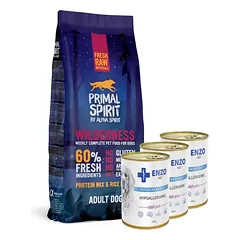 PRIMAL SPIRIT 60% Wilderness 12kg + ENZO VET Hipoalerginė dieta su triušiena šunims 3x400g
