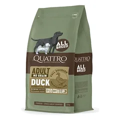 QUATTRO begrūdis visų veislių suaugusių šunų pašaras su antiena, 3kg parduotuvėje pethappy.lt
