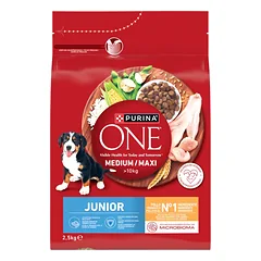 PURINA ONE Junior Medium/Maxi šuniukų maistas, turtingas vištiena ir ryžiais, 2,5 kg