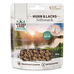 WILDES LAND Soft chicken&salmon pusiau drėgni skanėstai katėms su vištiena ir lašiša, 50 g