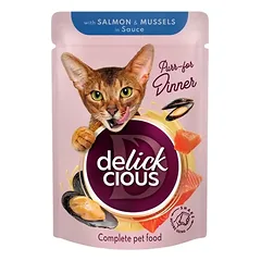 Delickcious™ gabaliukai padaže katėms – lašiša ir midijos (konservai)