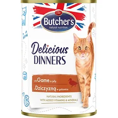 BUTCHER'S Delicious Dinners, kačių ėdalas, gabalėliai su elniena drebučiuose, 400g