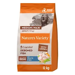 Nature's Variety Healthy Grain Med/Maxi Adult sausas maistas vidutinių ir didelių veislių šunims su balta žuvimi, 12 kg
