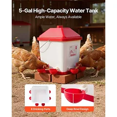 Automatinė viščiukų girdykla VEVOR 5GAL D, 19 l, 6 vandens angos, Balta/raudona, 35,4 × 35,2 × 34,0 cm — 3 nuotrauka