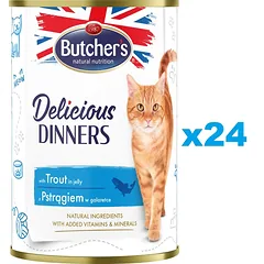 BUTCHER'S Delicious Dinners, maistas katėms, gabalėliai su upėtakiais drebučiuose 24 x 400g