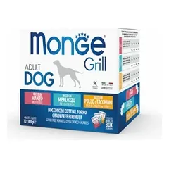 Monge GRILL MIX kepti želė gabaliukai suaugusiems šunims su jautiena, menke, vištiena 12x100g