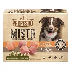 Konservai šunims PROPESKO Dog Master chicken, turkey in sauce, pocket su vištiena ir kalakutiena, 12x85 g