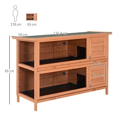 Triušių narvas dviaukštis, medinis, su asfaltiniu stogu ir ištraukiamu padėklu, 2 triušiams, 136,4x50x93 cm, oranžinis — 3 nuotrauka