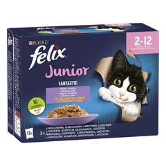 FELIX FANTASTIC Junior Skonių miksas drebučiuose (jautiena, vištiena, sardinė, lašiša) 12x85g drėgno maistas  kačiukams