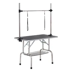 Kirpimo stalas šunims ir katėms 107x60 cm, sulankstomas, su laikikliu ir apatiniu krepšiu, iki 100 kg, juodas