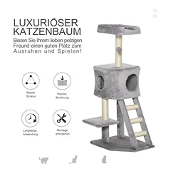Draskyklė katėms su nameliu, platformomis, kopėtėlėmis ir kamuoliuku, 120 cm, šviesiai pilka — 4 nuotrauka
