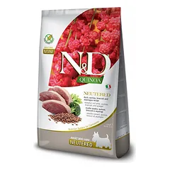 FARMINA N&D QUINOA – Sausas maistas suaugusiems sterilizuotiems mažų veislių šunims su antiena, brokoliais ir šparagais 2,5 kg