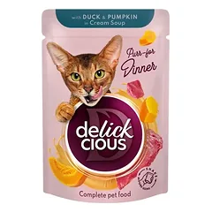 Delickcious™ gabaliukai padaže katėms – antiena, vištienos filė ir špinatai (konservai)