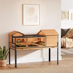 Vėžlių namelis su 2 slėptuvėmis, 2 aukštų, su langeliais ir rampa, mediena ir plienas, 128 x 63 x 96 cm, geltonas — 2 nuotrauka