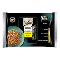 SHEBA Selection Select Slices Paukštienos skonio 4x85 g drėgno ėdalo su antiena, vištiena, paukštiena, antiena ir kalakutiena katėms