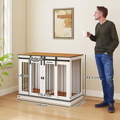 Šunų narvas su 2 stumdomomis durelėmis, kaimiško stiliaus, užsklendžiamas, 120 x 60 x 88,5 cm, baltas — 3 nuotrauka