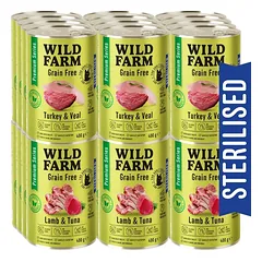 WILD FARM Premium Grain Free Turkey and Veal / Lamb and Tuna 24x400g – be grūdų maistas kastruotiems katėms