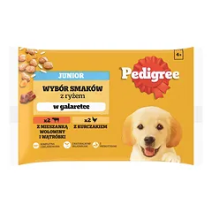 PEDIGREE Junior skonių pasirinkimas su ryžiais 4 x 100g pakeliai želėje vištiena ir jautiena