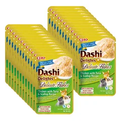 INABA Dashi Delights Delikatesinių dribsnių vištienos su tunu ir šukutėmis receptas 24x40g