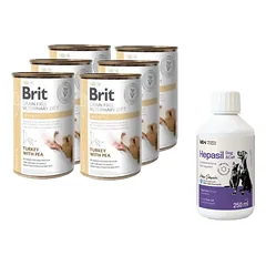 BRIT GF Veterinary Diets Dog Hepatic 6x400g + Lab-v Hepasil Dog & Cat preparatas šunų ir kačių kepenų veiklai gerinti 250 ml