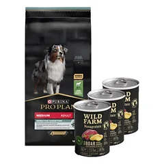 Purina Pro Plan Adult Medium Sensitive Digestion Lamb 14kg + Wild Farm Monoprotein Wild Boar 3x400g hipoalerginis šunų ėdalas