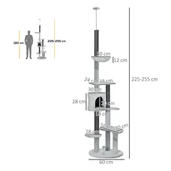 Kačių draskyklė iki lubų su hamaku, nameliu, platformomis ir kamuoliuku, 225–255 cm, pilka — 3 nuotrauka