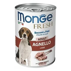 Monge Fresh Adult gabaliukai paštete su ėriena, drėgnas maistas šunims 400 g